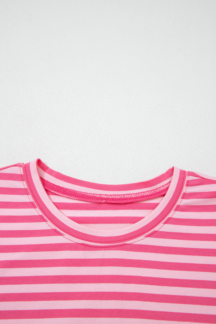 Rose Stripe Drop Shoulder Round Neck Top and Buttoned Straight Pants Two Piece Set