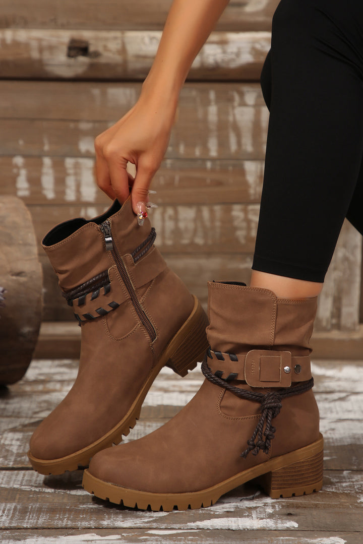 Suede Woven Lace-up Strap Side Zip Boots