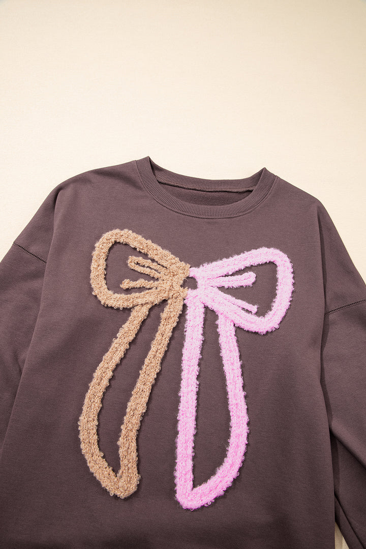 Contrast Terry Bow Pattern Drop Shoulder Sweatshirt