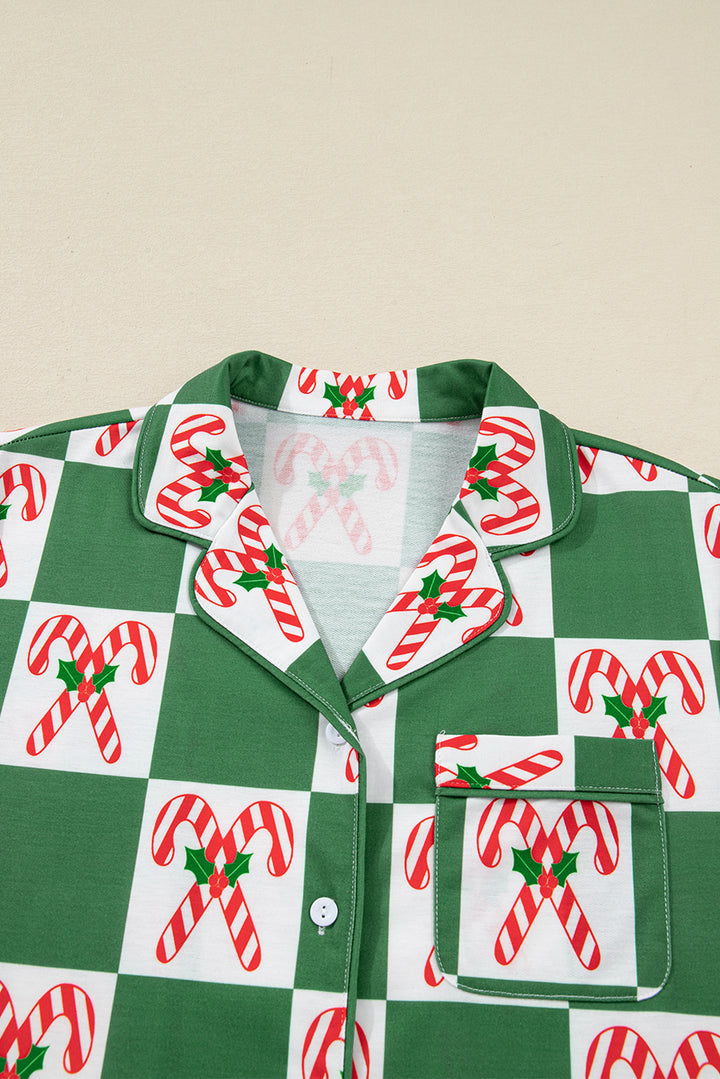 Green Holly Jolly Checkered Pattern 2pcs Long Pajama Set