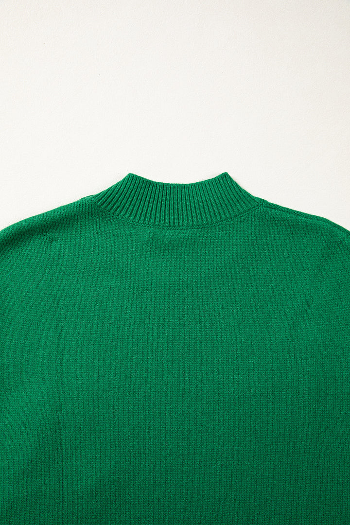 Bright Green Corded Horseshoes Ribbed Trim Mock Neck Short Sleeve Sweater