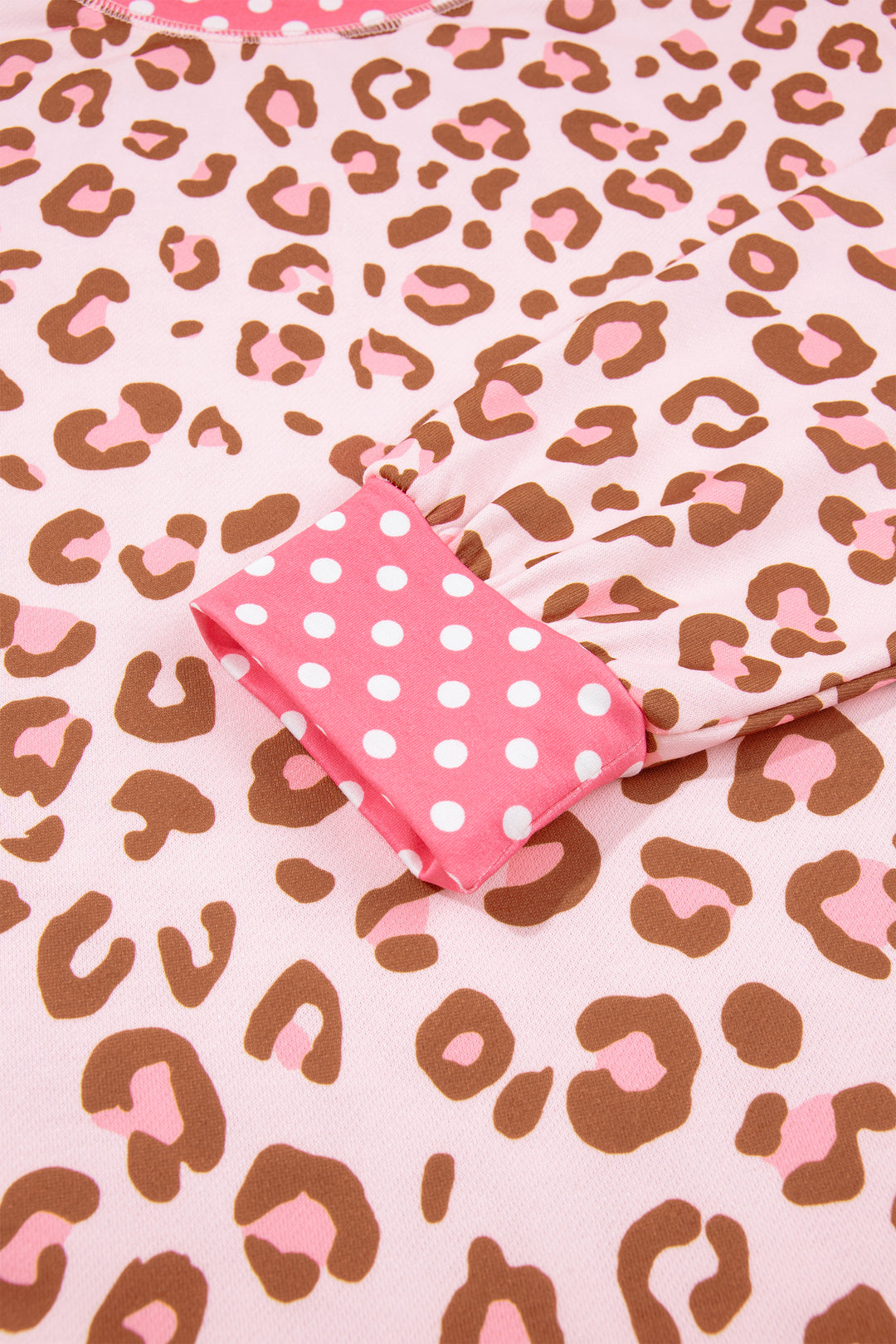 Pink Leopard Polka Dot Colorblock Trim Long Sleeve Top
