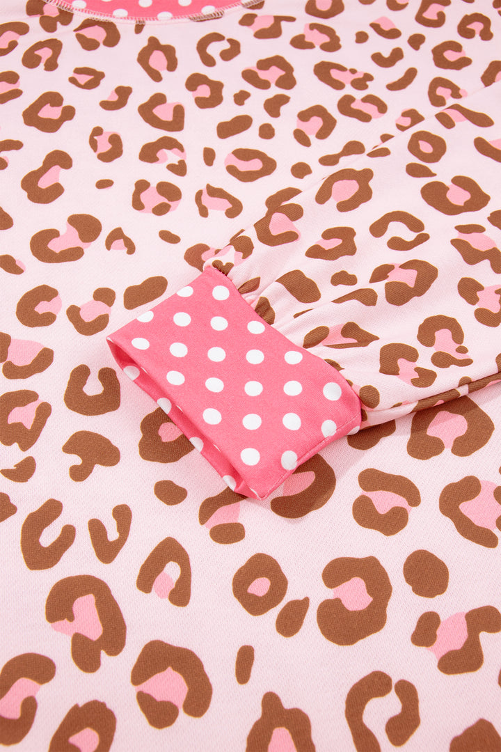 Pink Leopard Polka Dot Colorblock Trim Long Sleeve Top
