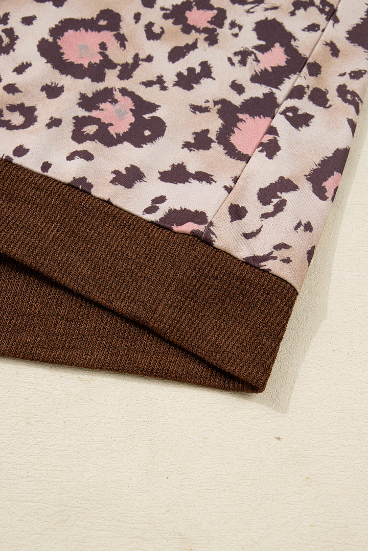 Brown Leopard Print Knit Patchwork Plus Hoodie