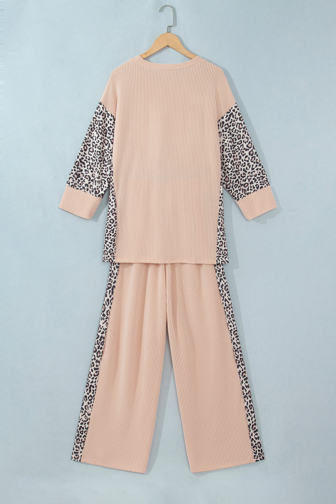 Parchment Leopard Print Twisted Ribbed Patchwork Long Sleeve Top Loose Pant Set