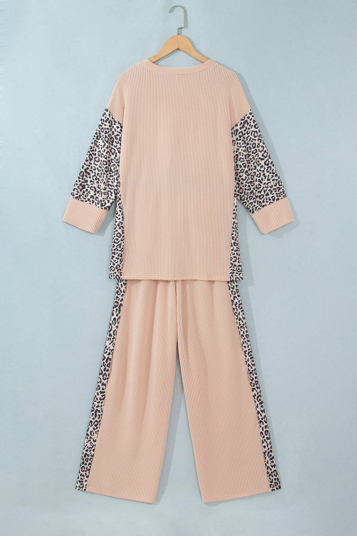 Parchment Leopard Print Twisted Ribbed Patchwork Long Sleeve Top Loose Pant Set