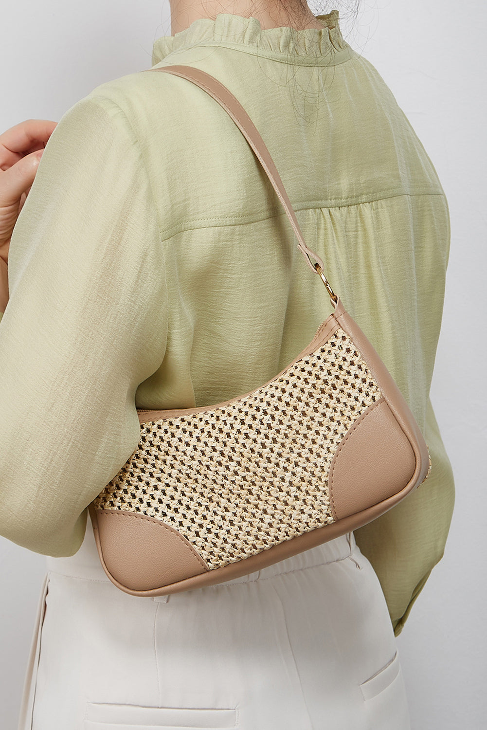 Straw Woven PU Leather Patchwork Shoulder Bag