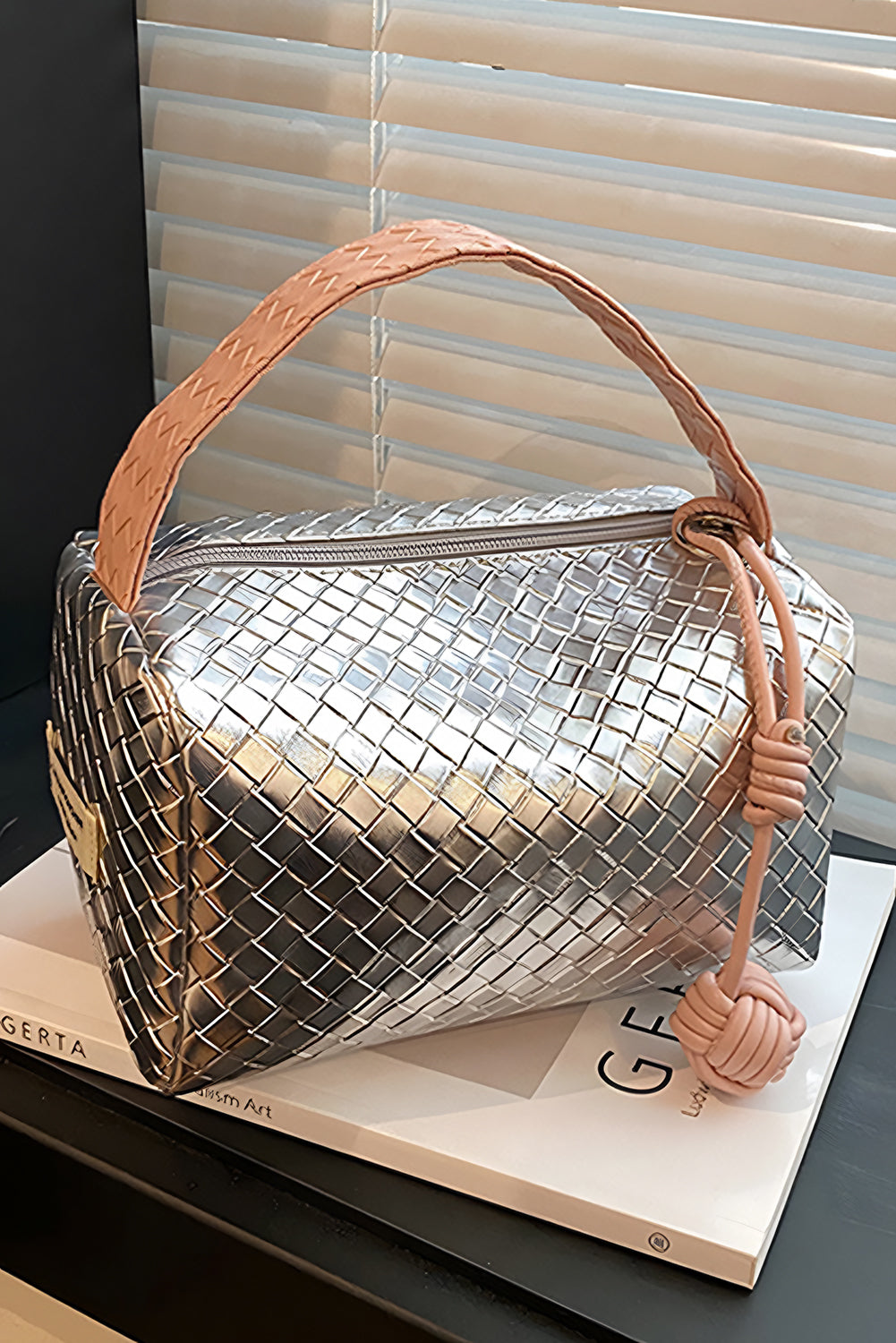 Lattice Texture Corded Ball Decor Weaven Handle Cosmetic Bag