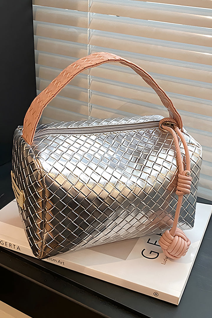 Lattice Texture Corded Ball Decor Weaven Handle Cosmetic Bag