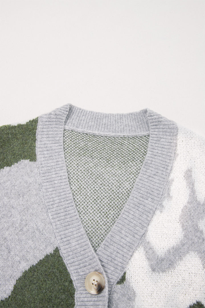Green Camouflage V Neck Button Front Cardigan