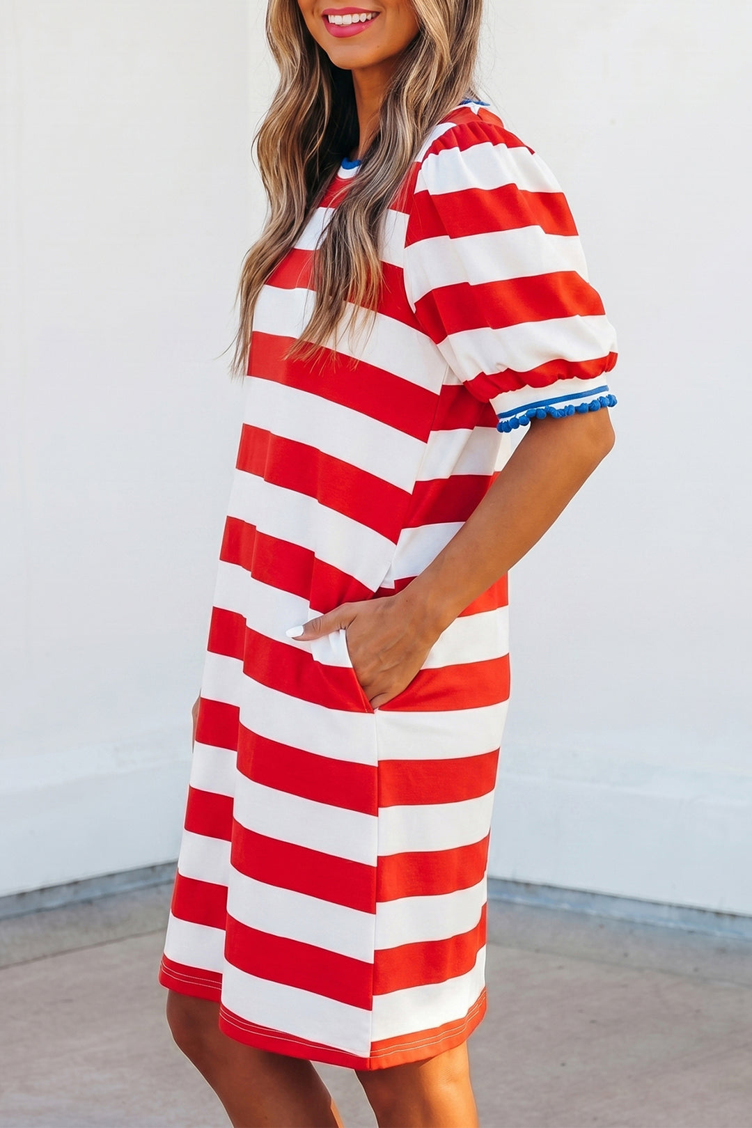 Red Stripe Contrast Trim Round Neck Short Puff Sleeve Shift Mini Dress