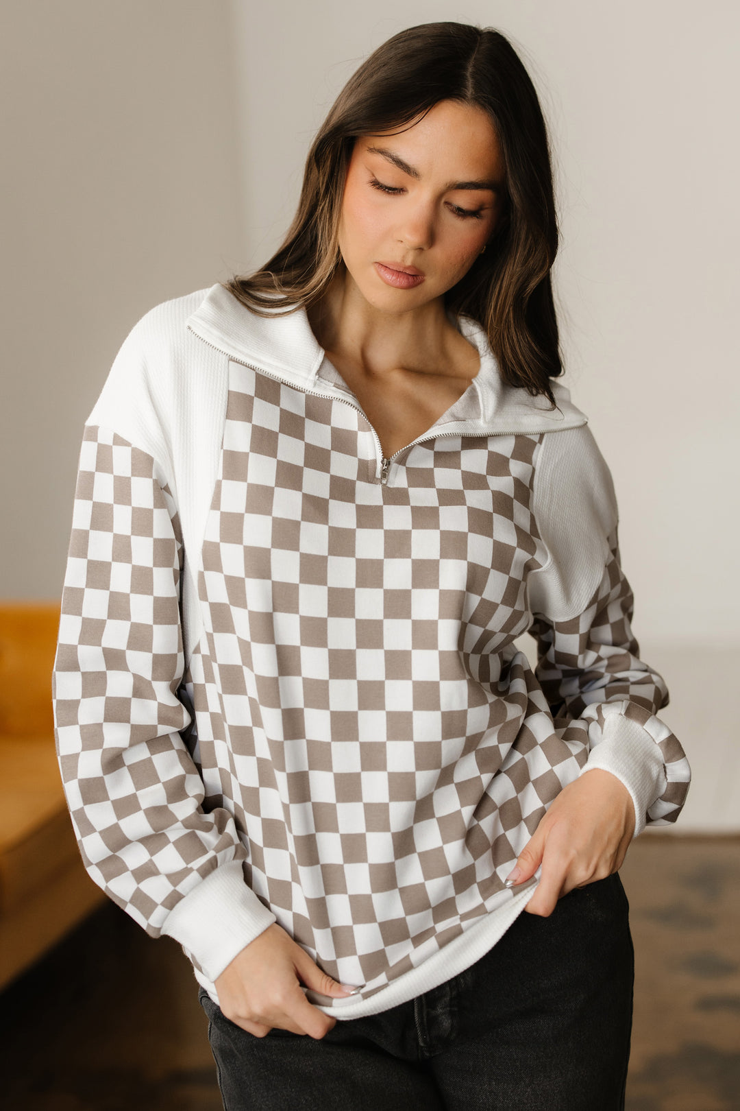 Checkered Print Quarter Zip Ribbed Patchwork Loose Sweatshirt