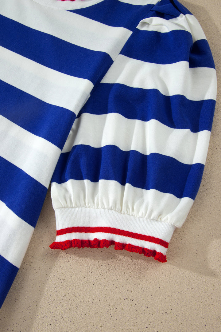 Blue Stripe Contrast Trim Short Puff Sleeve Shift Mini Dress