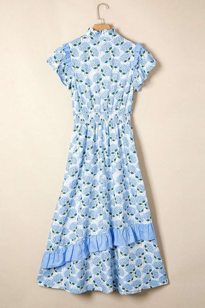 Sky Blue Hydrangea Floral Print Ruffle Trim Flutter Sleeve Long Dress