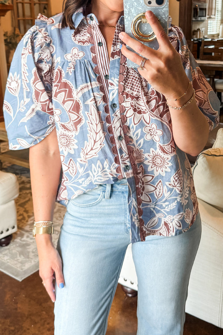 Sky Blue Boho Floral Print Short Sleeve Shirt