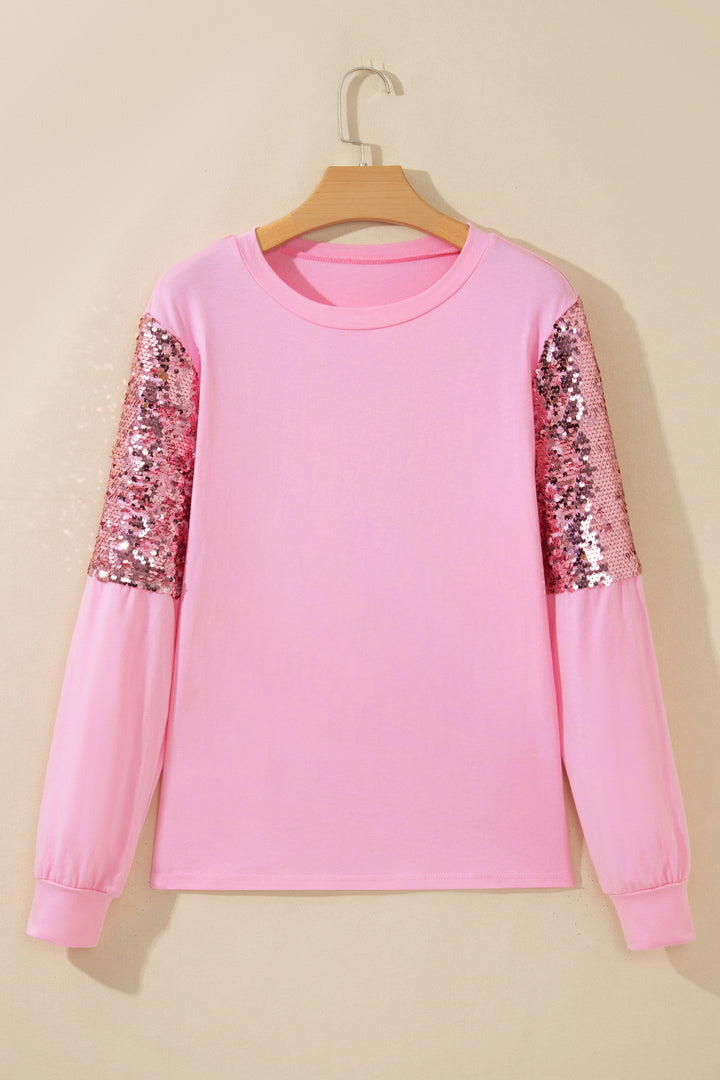 Pink Long Sleeve Sequin Round Neck Pullover Top