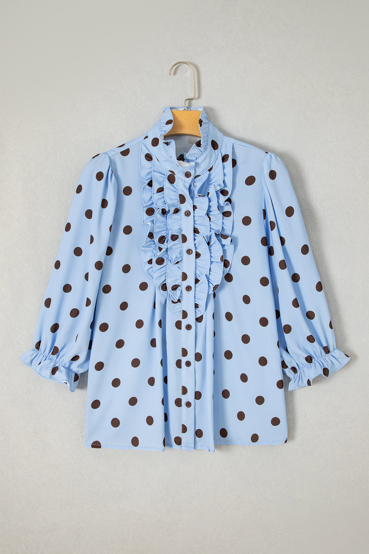 Sky Blue Polka Dot Print Ruffle Stand Neck 3/4 Sleeve Shift Shirt
