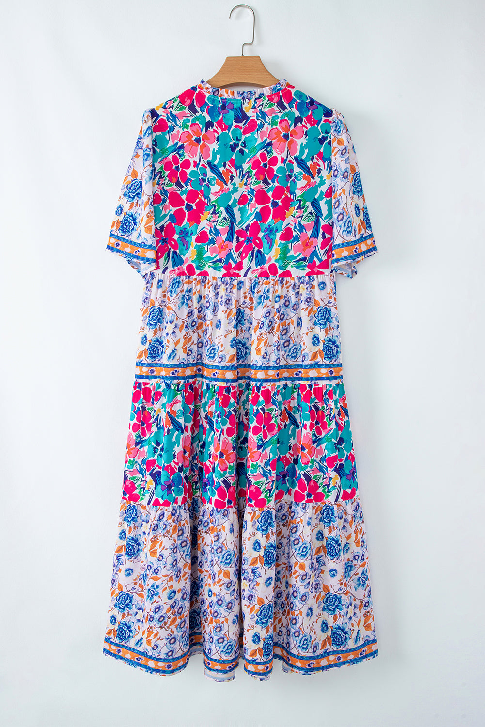 Mixed Floral Print Tie Split Neck Short Sleeve Dress