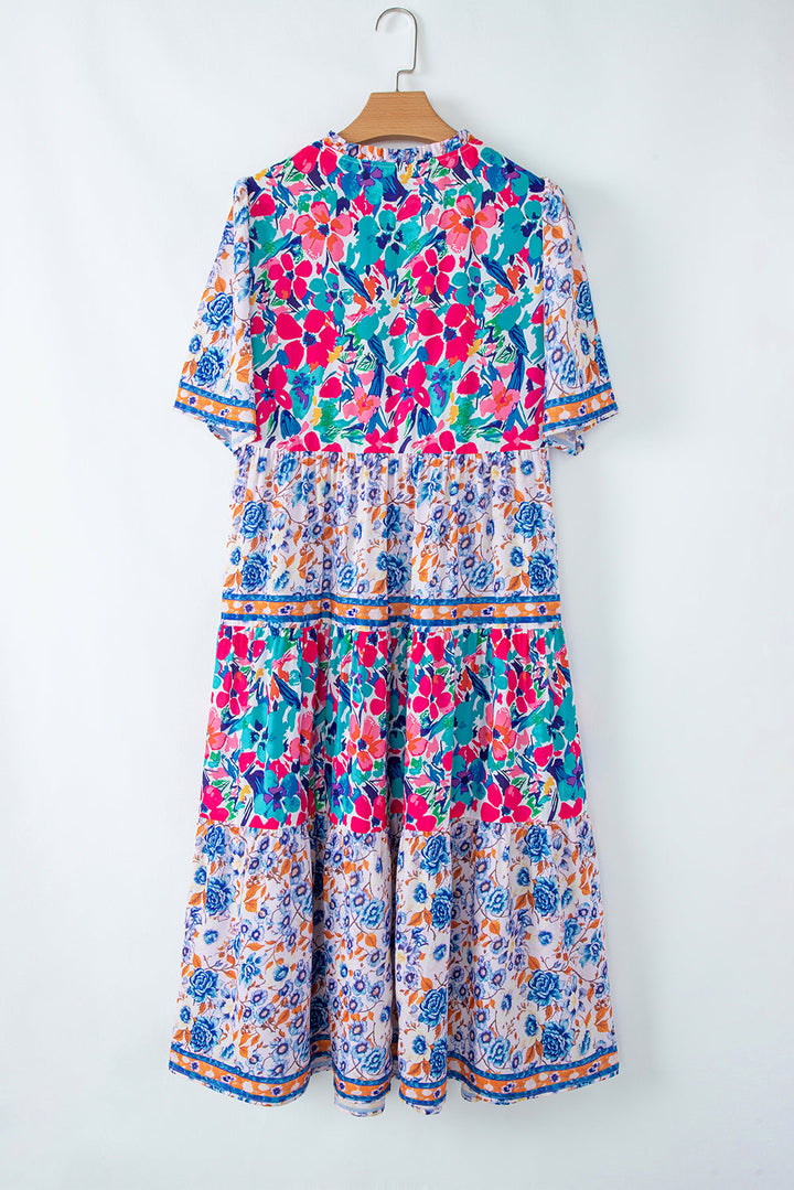 Mixed Floral Print Tie Split Neck Short Sleeve Dress