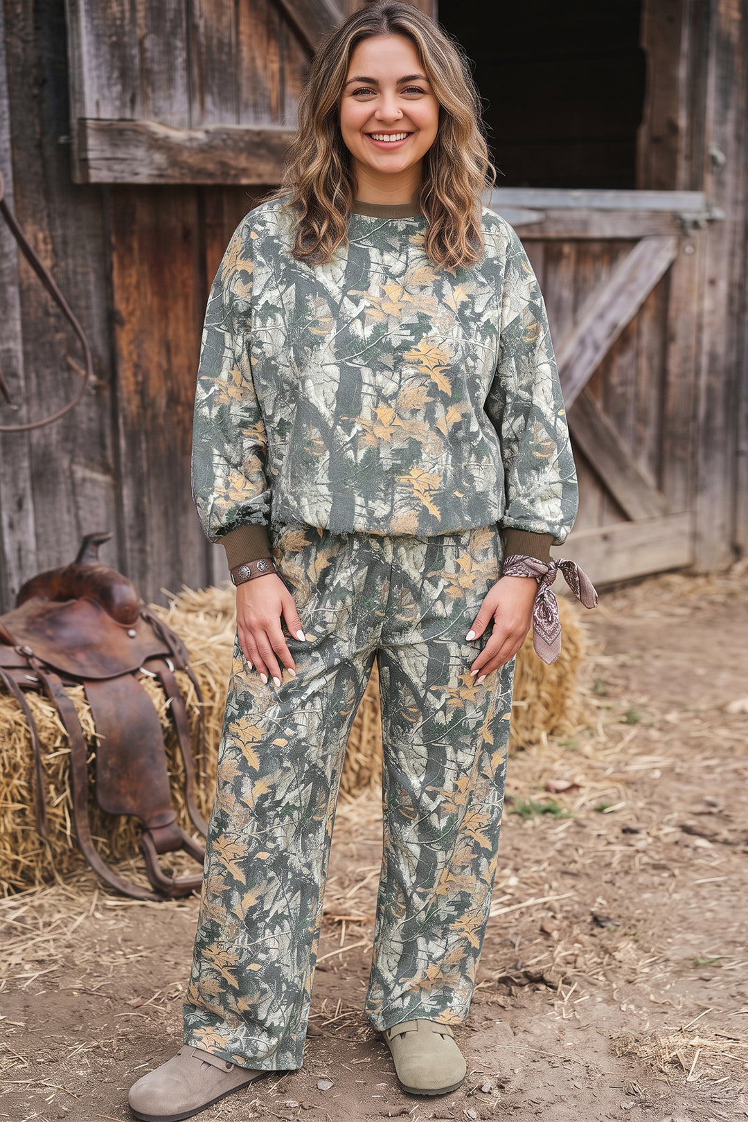 Brown Jungle Camouflage Print Long Sleeve Top Plus Size Pant Set