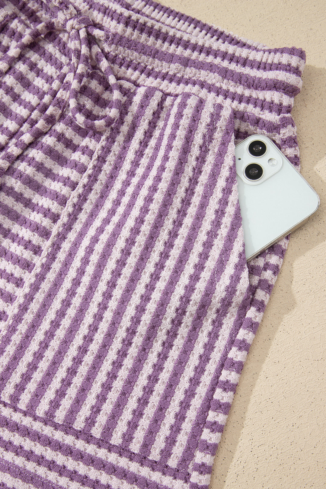Purple Stripe Breathable Textured Knit Short 2pcs Set