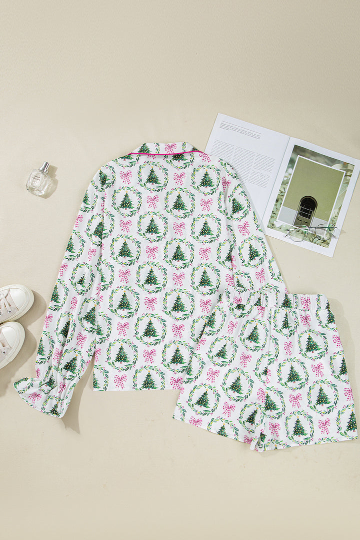 Green Christmas Fashion Print Velvet Trim Bow Knot Pajama 2pcs Short Set