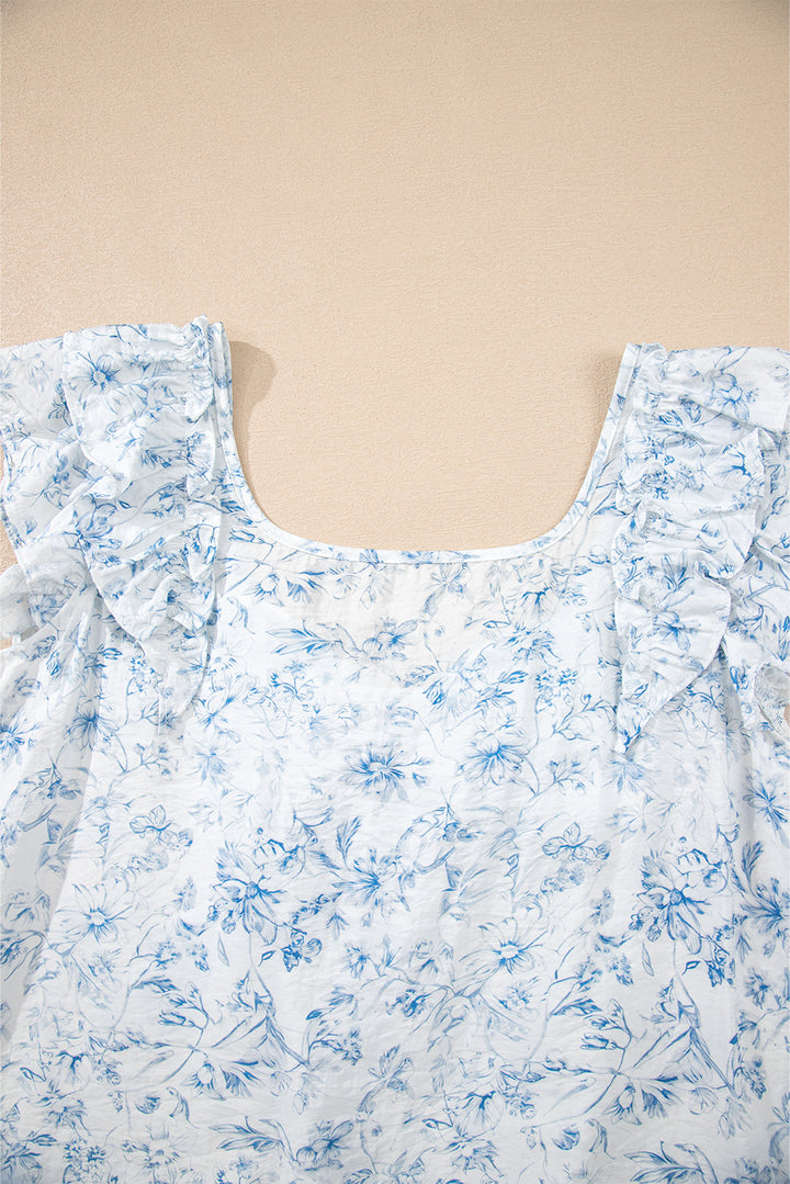 Sky Blue Floral Ruffled Short Sleeve Bow Back Square Neck Blouse