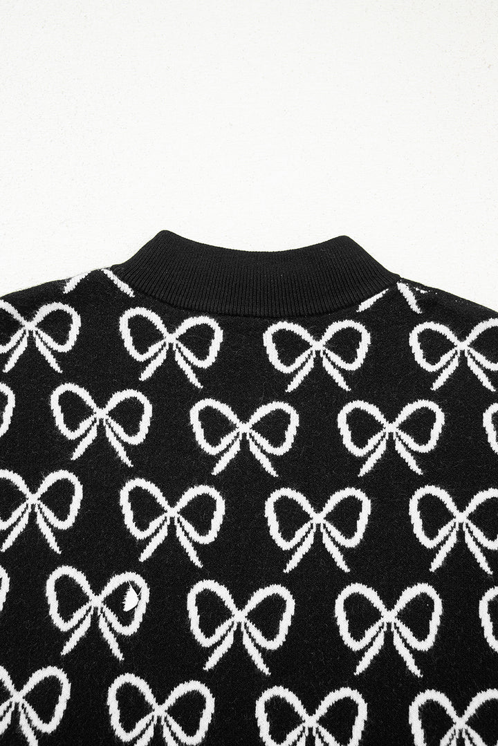 Cute Bow Pattern Drop Shoulder Zipped Collar Sweater