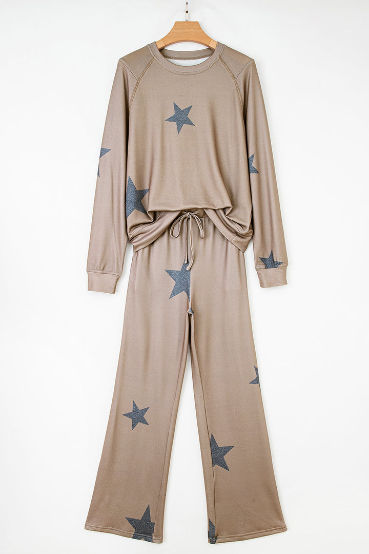 Khaki Retro Star Print Loose Long Sleeve Drawstring Wide Leg 2pcs Lounge Set