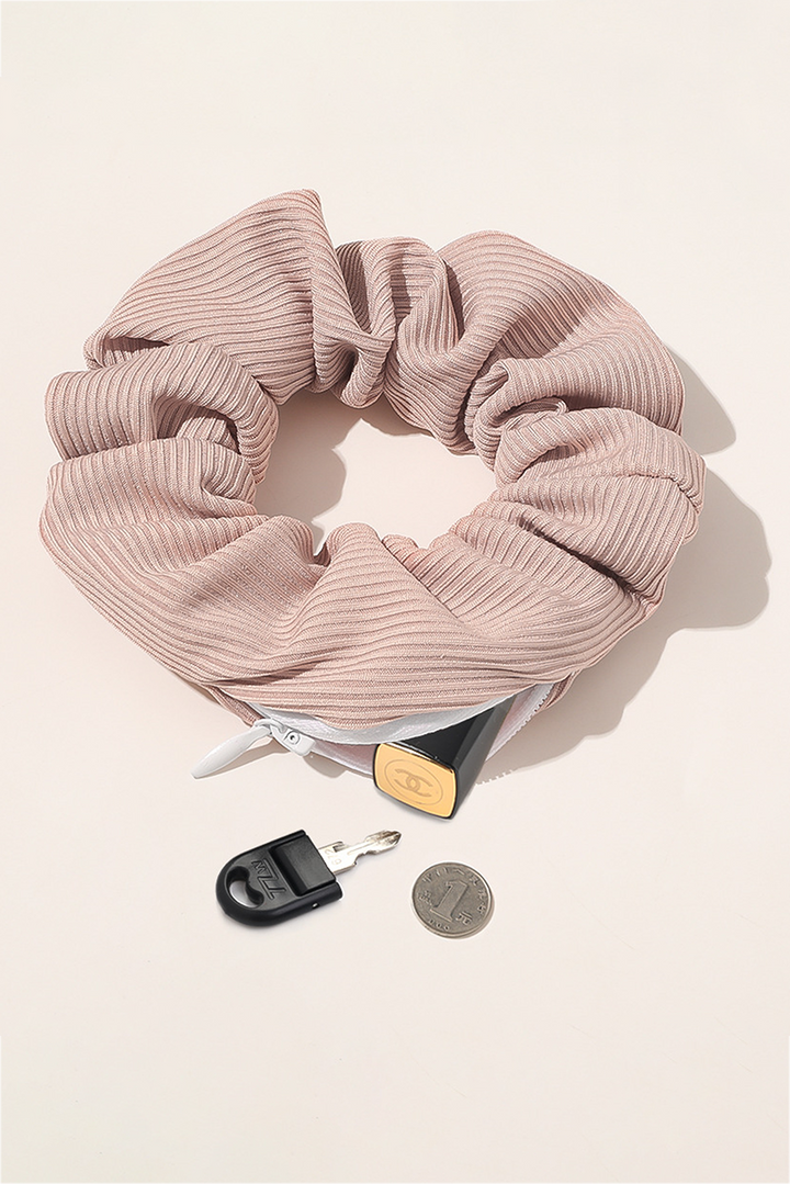 Ribbed Hair Scrunchie with Hidden Zipper Pocket