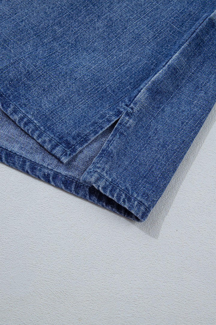 Dusk Blue Three Quarter Sleeve Button Front Loose Denim Shirt
