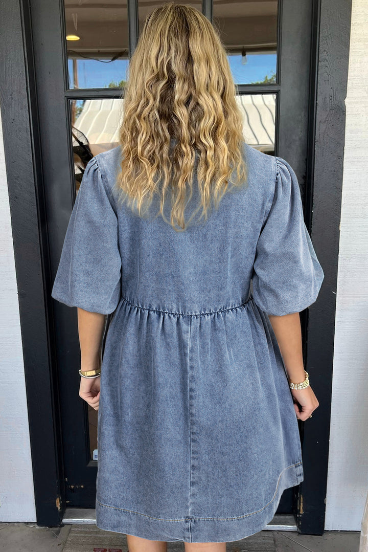 Bowknot Bubble Sleeve Short Denim Dress
