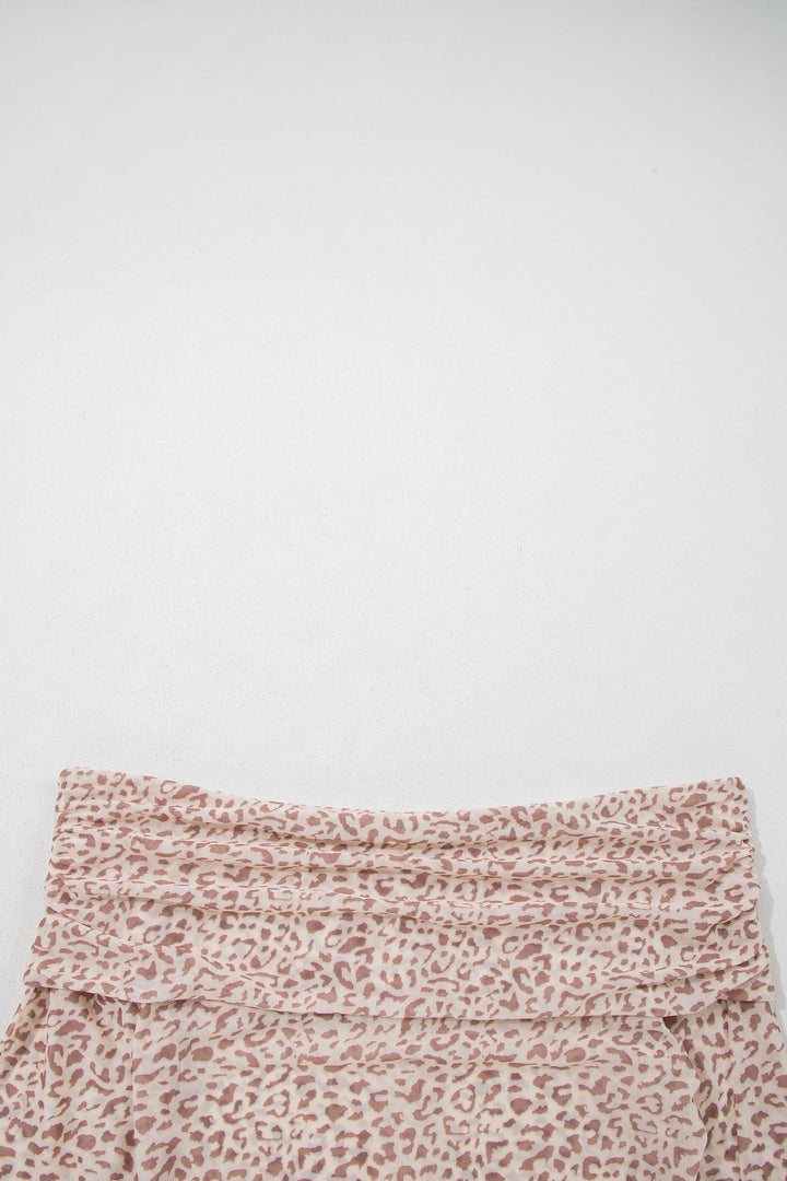 Brown Leopard Print Foldover Off Shoulder Long Sleeve Mesh Top