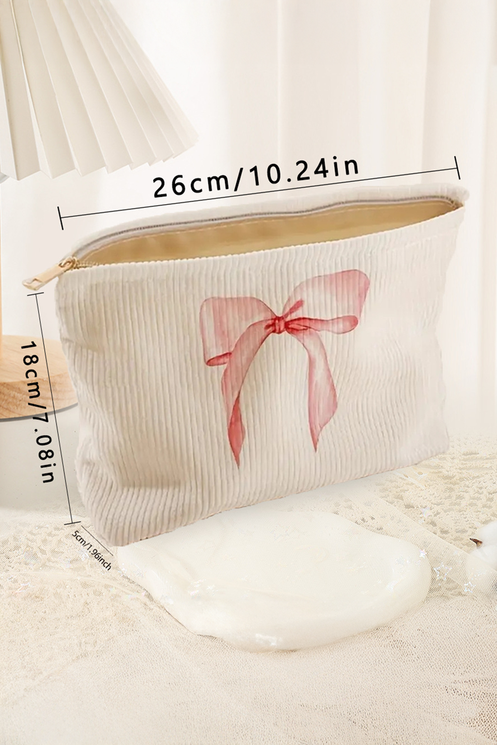 Bowknot Pattern Print Corduroy Zipper Large Cosmetic Bag