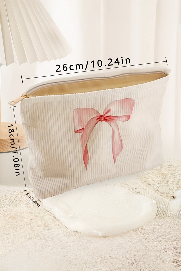 Bowknot Pattern Print Corduroy Zipper Large Cosmetic Bag