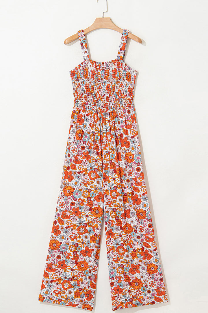 Orange Floral Print Sleeveless Smocked Shift Jumpsuit