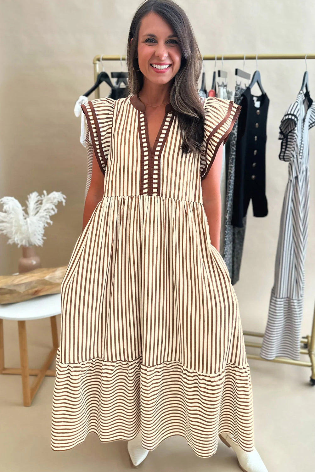 Double Ruffled Short Sleeve Contrast Trim V Neck Midi Dress
