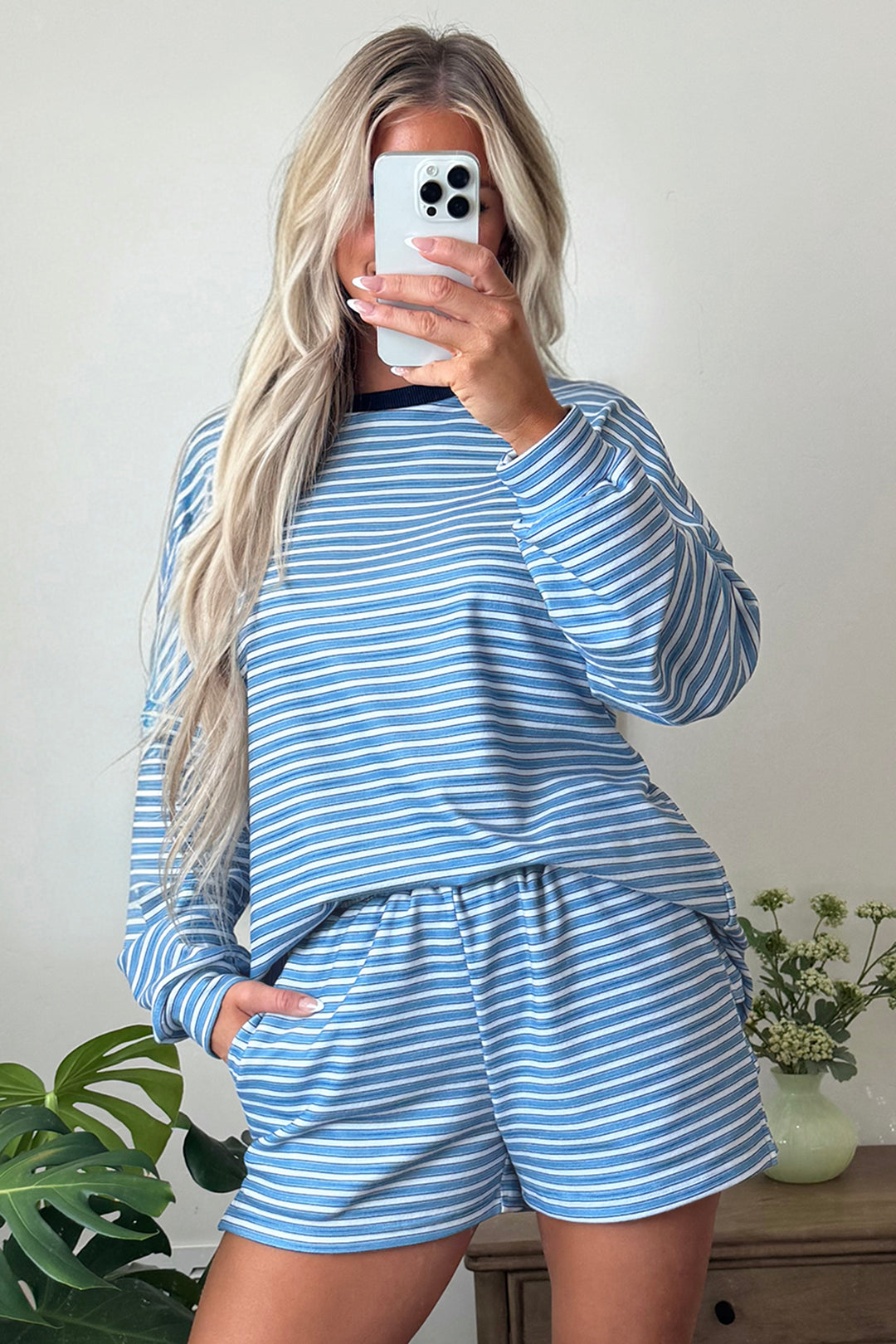 Sky Blue Stripe Long Sleeve Oversized Top Pocketed Casual Shorts Two Piece Set