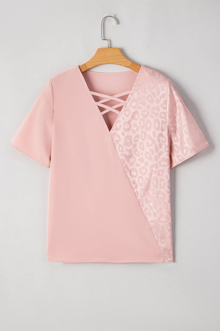 leopard jacquard patchwork crisscross v neck short sleeve blouse