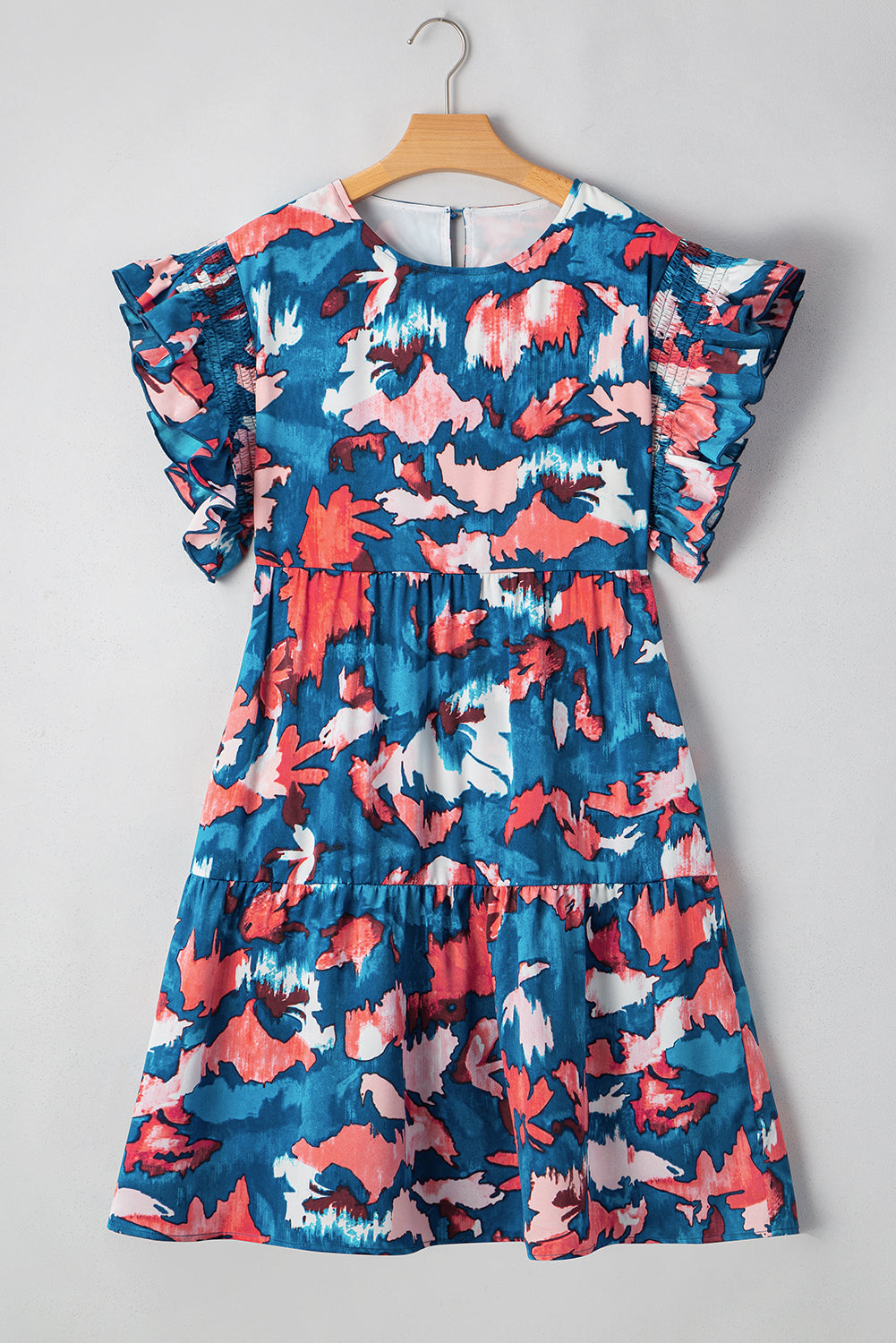 Blue Abstract Print Short Sleeve Tiered Plus Size Mini Dress