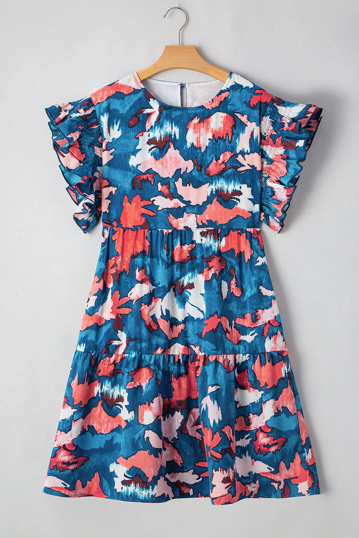 Blue Abstract Print Short Sleeve Tiered Plus Size Mini Dress