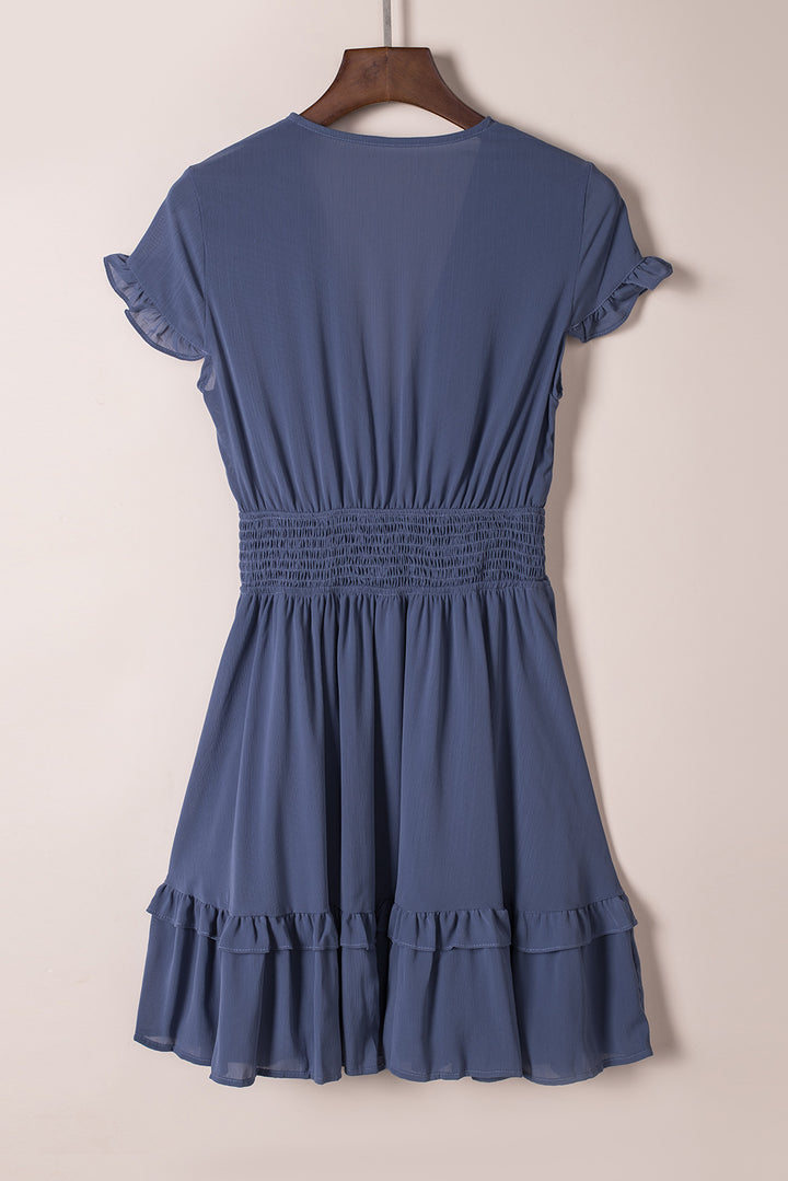 Blue Deep V Neck Self-tie Knotted Front Layered Flare Mini Dress