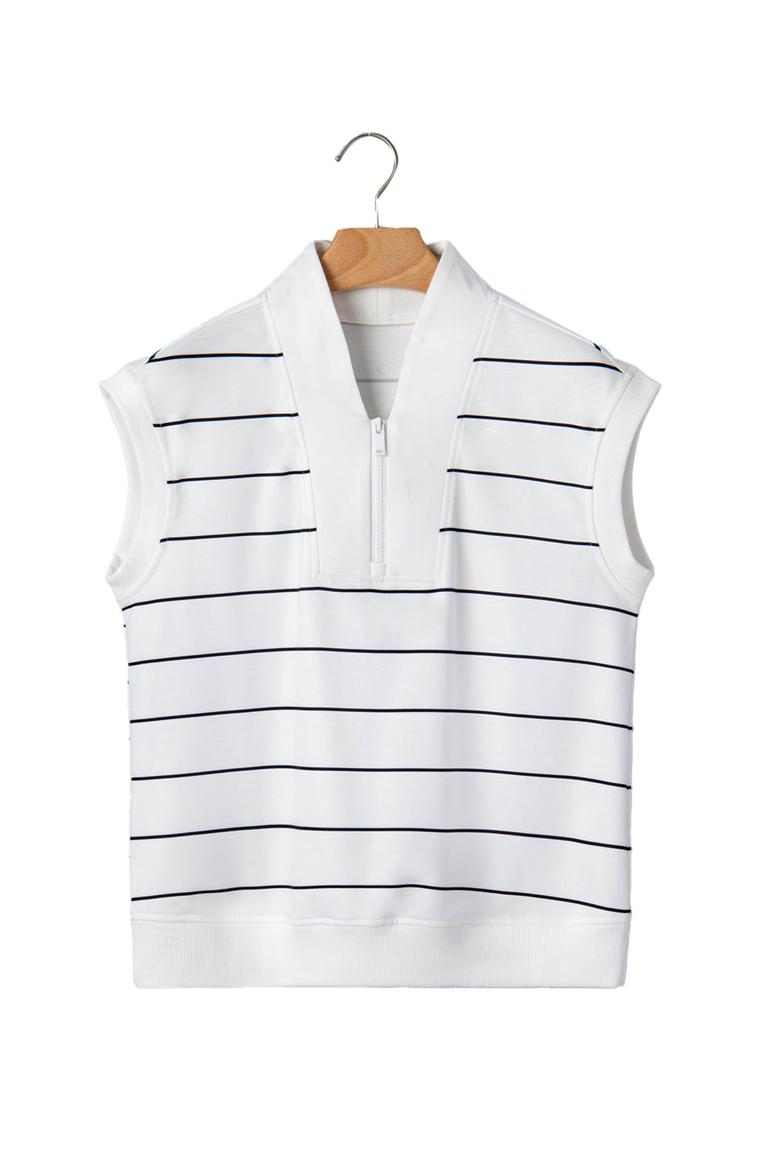 White Stripe Color Block Zip V Neck Sleeveless Top