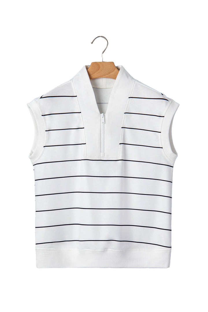 White Stripe Color Block Zip V Neck Sleeveless Top
