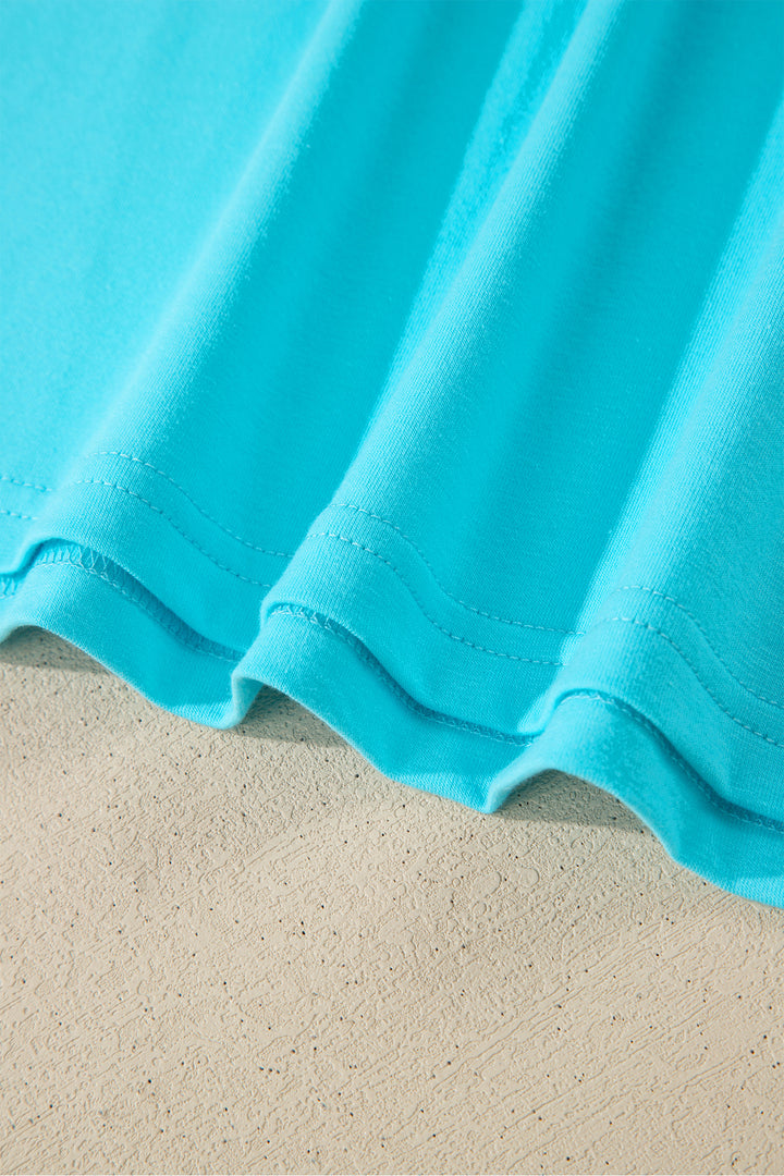 Turquoise Solid Color V Neck Short Puff Sleeve Blouse