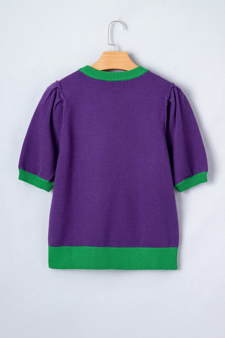 Tillandsia Purple Mardi Gras Tinsel Graphic Short Sleeve Sweater