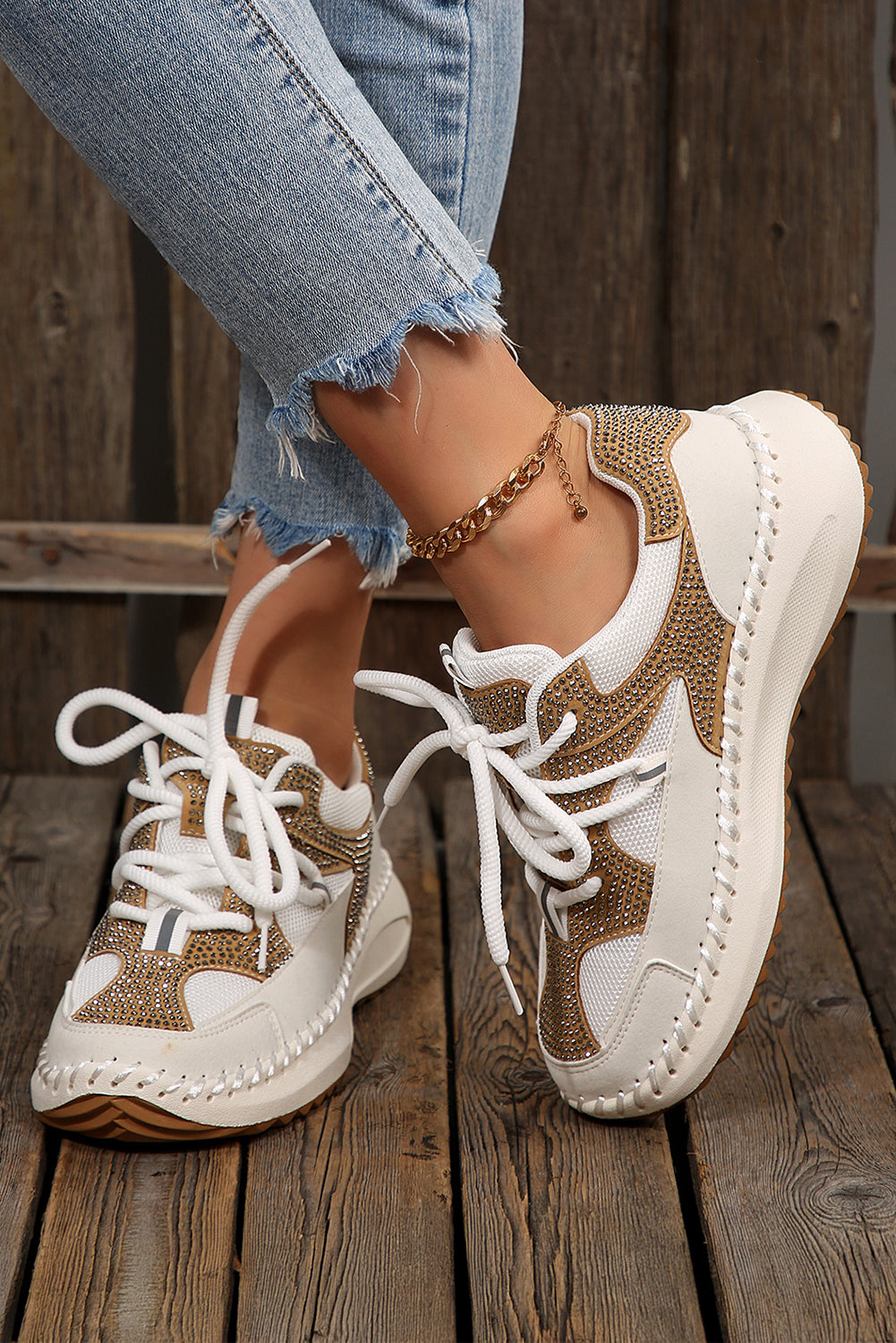 Rhinestone Embellished Color Block Patchwork Lace-up Breathable Sneakers