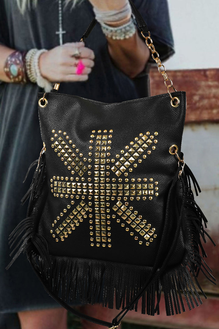 Grand sac à bandoulière en cuir PU avec rivets et franges