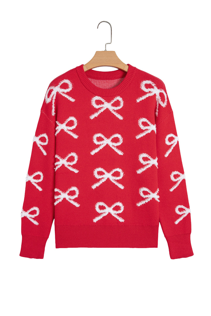 Fiery Red All Over Bow Dropped Shoulder Round Neck Shift Sweater