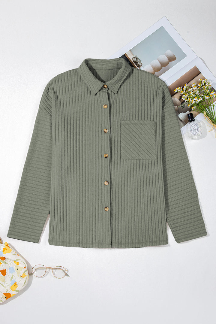 Mist Green Thermal Ribbed Texture Button Up Shacket